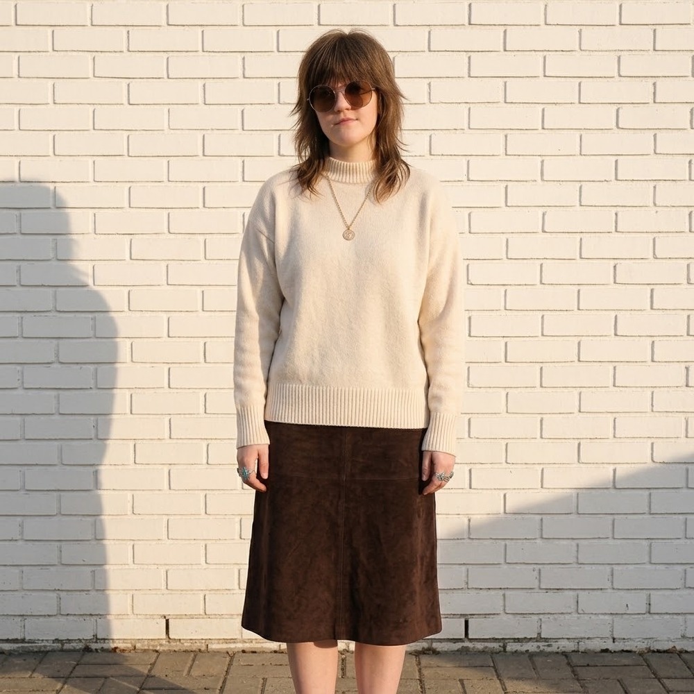 Wool Blend Mock Neck Sweater Womens Medium Cream Knit Minimalist Winter Luxury